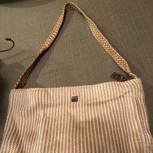 Lina Crochet Cream and Tan striped shoulder bag.